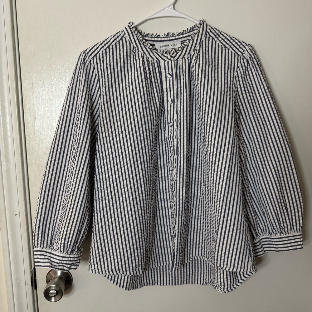 Amour Vert Navy and White Striped Button Front Blouse 100% Organic Cotton